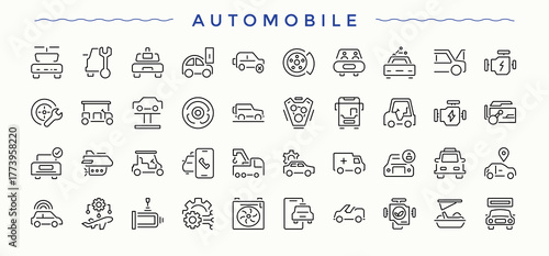 Automobile related icon set. Minimal icons pack. Pack of auto parts, car, engine, parts, spare, repair, service. Pictogram and infographic. Auto modern icon set.
