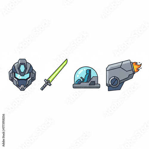 Set of science fiction pixel art icons featuring a mecha helmet, a glowing energy sword, a pilot cockpit, and a futuristic arm cannon