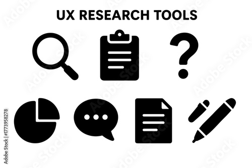 Collection of Black UX Research Tools Icons Including Magnifying Glass Clipboard Question Mark Pie Chart Speech Bubble Document and Pens on White Background