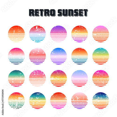 Grunge vintage colorful sunset. Striped gradient sunrise badges in 80s and 90s style. Sun and ocean view, summer vibes, surfing. Design element for print, logo or t-shirt. Vector illustration