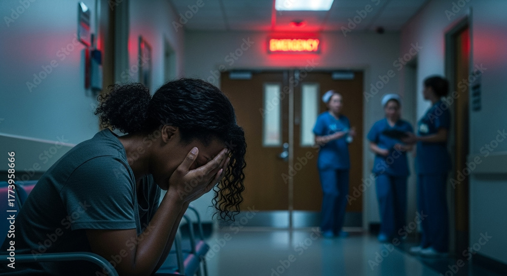 Woman crying alone in hospital hallway near emergency room, sadness ...