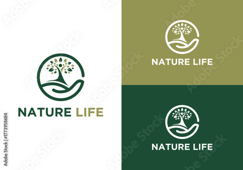 Nature logo vector design with combination of hands, line art of tree and human or person inside green tree design, abstract tree logo symbol with combination of human design with supporting hands ins