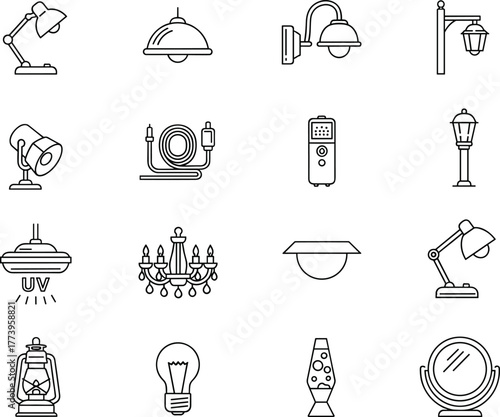 Lighting icons set, indoor and outdoor lamps, chandeliers, ceiling lights, desk lamps, lantern, light bulb, decorative and utility illumination symbols