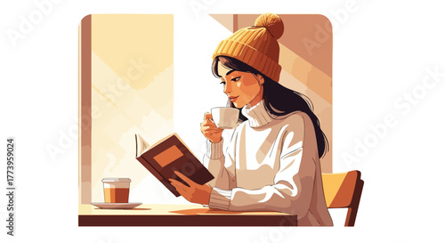 An illustration depicts a young woman engrossed in a book, sipping from a mug, and wearing a cozy beanie, creating a warm and inviting scene indoors with soft lighting.