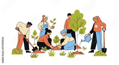 A diverse group of volunteers plant trees and nurture saplings in a vibrant, illustrated scene, contributing to environmental conservation and community engagement.