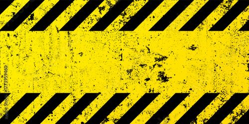 Warning sign with yellow and black diagonal lines. Attention, danger or caution symbol. Construction site signage, road safety notice, hazard banner, security alert shield. Vector illustration