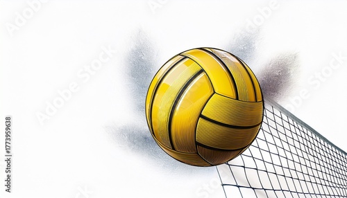 graphic yellow volley ball flying over the net on a white background