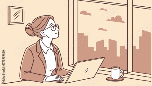 Girl and woman working in office and cafe cartoon illustration