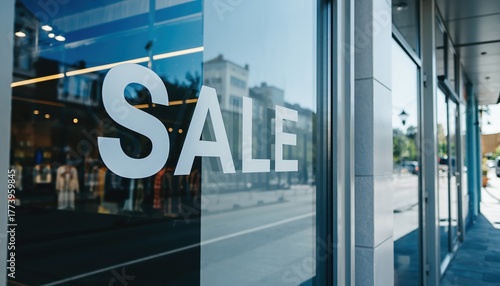 Photorealistic Storefront Window with Bold Sale Sign and Urban Street Reflections