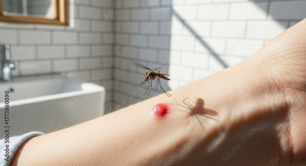Obraz premium Insect bite on wrist with red bump and mosquito hovering, skin irritation and pest awareness