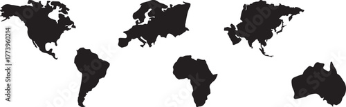 World Continent Map Silhouettes Vector Set