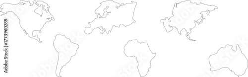 World Continent Map Outlines Vector Set. Global Geography and Travel Simple Graphics