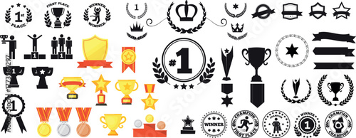 Winning Award Icons Set .Trophy Reward, Victory Cup, Medal and Achievement Symbols for Success and Sports Vector