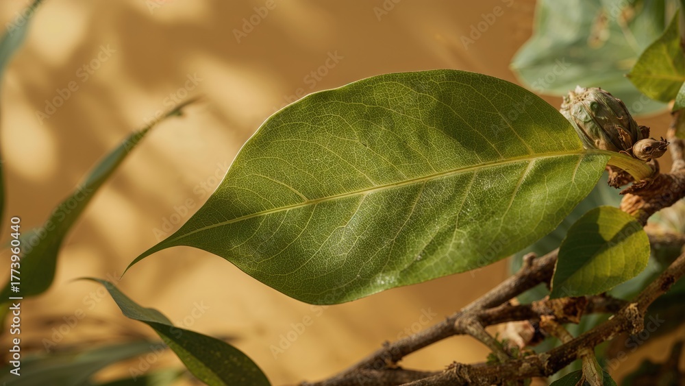 Obraz premium A close-up of a green leaf on a branch with a blurred background.