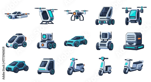 Set of Futuristic Autonomous Transportation and Delivery Vehicles.
