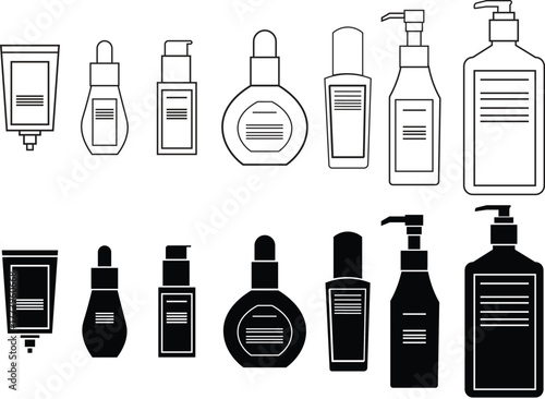 Cosmetic bottle and skincare container icons set including pump, tube, and dropper designs isolated on transparent background.