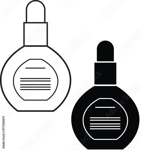 Round cosmetic bottles icon for perfume or liquid skincare isolated on transparent background.