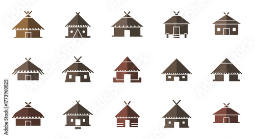 Set of traditional tribal huts and indigenous houses icons.