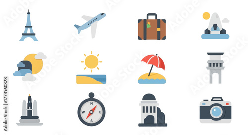 Set of Twelve Modern Travel and Vacation Vector Icons.