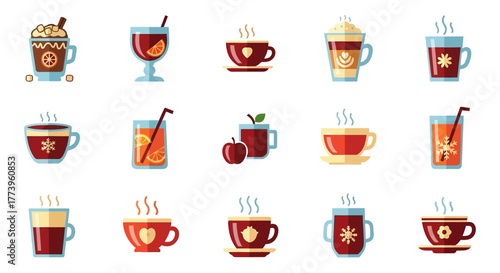Set of Various Hot Winter and Autumn Drinks.