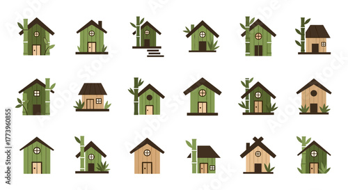 Set of various green eco friendly house illustrations.