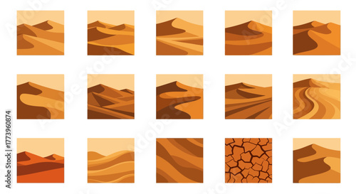 Set of Vector Icons Depicting Desert Landscapes and Sand Dunes.