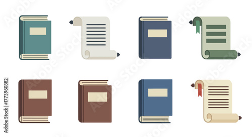 Set of vintage books and ancient parchment scrolls isolated.