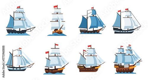 Set of vintage sailing ships and galleons vector illustrations.