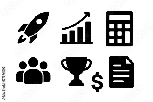 Collection of six black icons representing business success growth and finance on a white background with a rocket graph calculator trophy people and document symbols