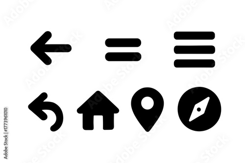 Set of black navigation icons including left arrow undo home map marker and compass on a white background