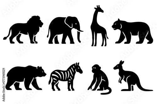 Collection of Black Silhouettes of Wild Animals Including Lion Elephant Giraffe Bear Zebra Monkey and Kangaroo on White Background
