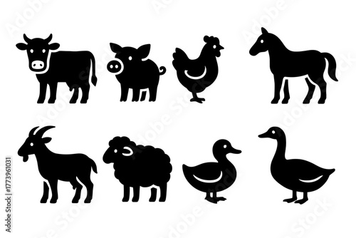Collection of eight black farm animal silhouettes including a cow pig chicken horse goat sheep duck and goose on a white background