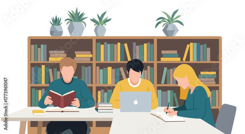 Three students diligently studying in a library setting.