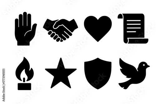 Set of eight black silhouette icons on a white background including a hand reaching upwards a handshake a heart a scroll a flame a star a shield and a dove representing concepts like support