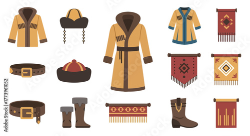 Traditional Mongolian Clothing and Accessories Collection for Cultural Display.