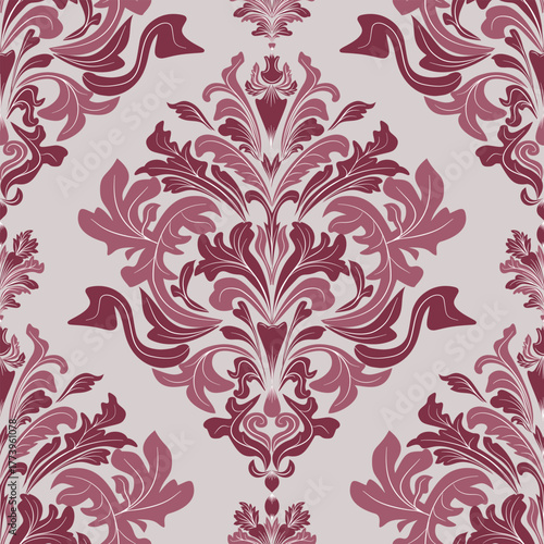 Damask seamless pattern with red flowers, vector illustration elegant for textile, wall paper, bedding, upholstery fabric, curtains, cushion cover, carpet, vintage design, Baroque style