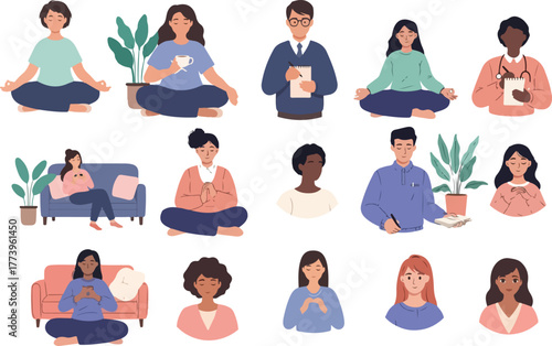 Calm Wellness & Mental Health Portrait Collection — Peaceful Mindfulness Vector Characters