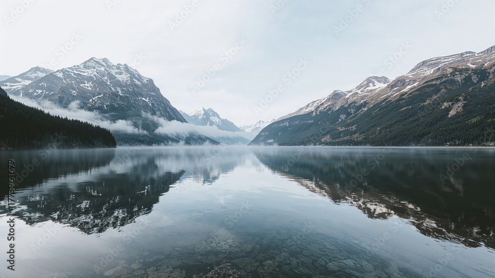 Fototapeta premium Snow-capped mountains and forested slopes surround a calm lake with a reflective surface, creating a serene mountain landscape.