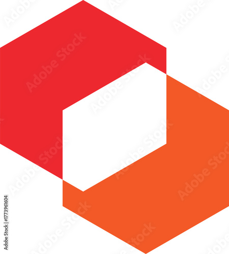 Abstract geometric overlapping hexagonal shapes design in vibrant red and orange, creating a dynamic modern graphic with a central white element