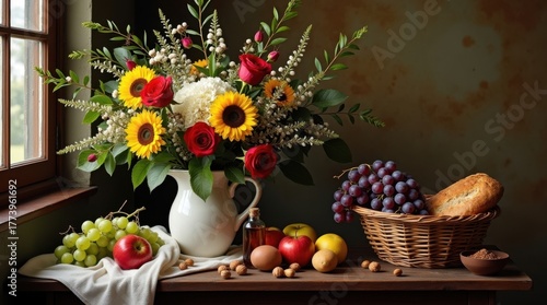 Classic still life composition: vibrant bouquet of sunflowers and red roses in a white pitcher, arranged next to fresh fruit, bread, and nuts on a rustic wooden table by a window.