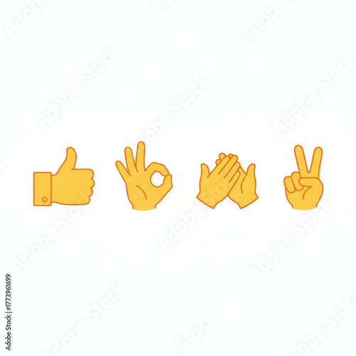 Set of yellow hand gesture icons thumbs up, ok sign, clapping hands, and peace sign, presented against a white background for easy integration into digital designs