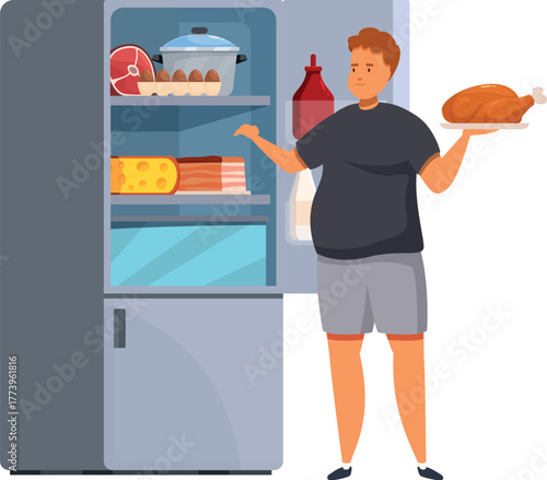 Overweight man holding cooked chicken and choosing food from open refrigerator full of various products