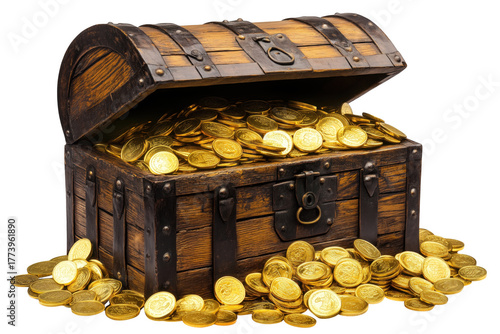 Wooden treasure chest overflowing with gold coins isolated on a transparent background