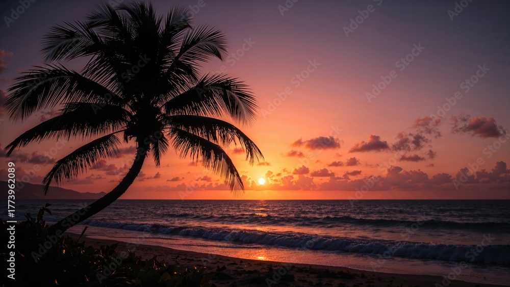 Fototapeta premium Sunset over the ocean with a palm tree silhouette, warm sky colors, and gentle waves on the beach.