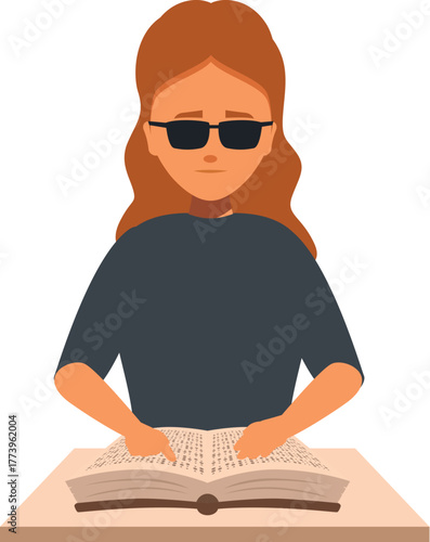 Visually impaired person reading braille book with fingers on table
