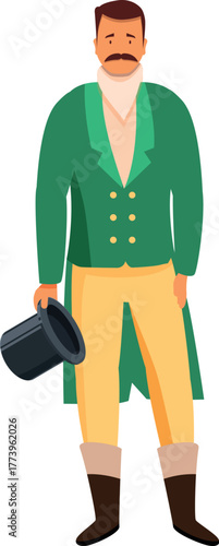 Gentleman holding top hat wearing green frock coat and yellow breeches, elegance personified