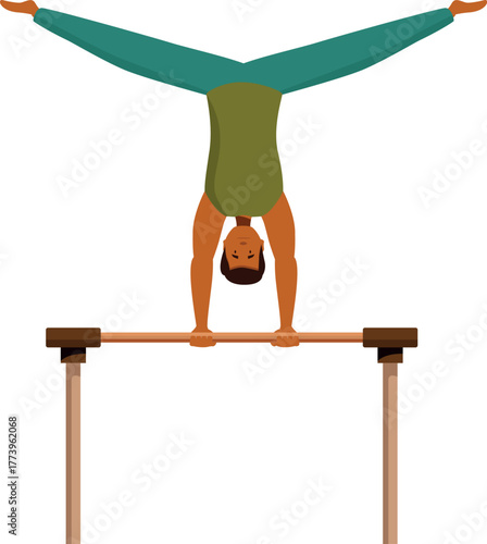 Gymnast showcasing strength and balance while performing a handstand on parallel bars, demonstrating athleticism and control