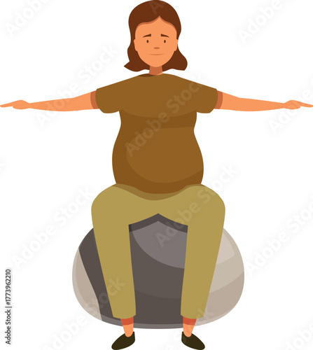 Pregnant woman exercising with fitness ball, maintaining balance with arms outstretched, promoting healthy lifestyle during pregnancy