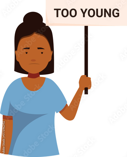 Young girl protesting against ageism holding sign with sad face, fighting for equal opportunities and rights