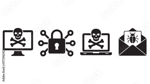Set of cybersecurity threat icons including malware on devices and locked network simple flat vector design for security awareness and prevention